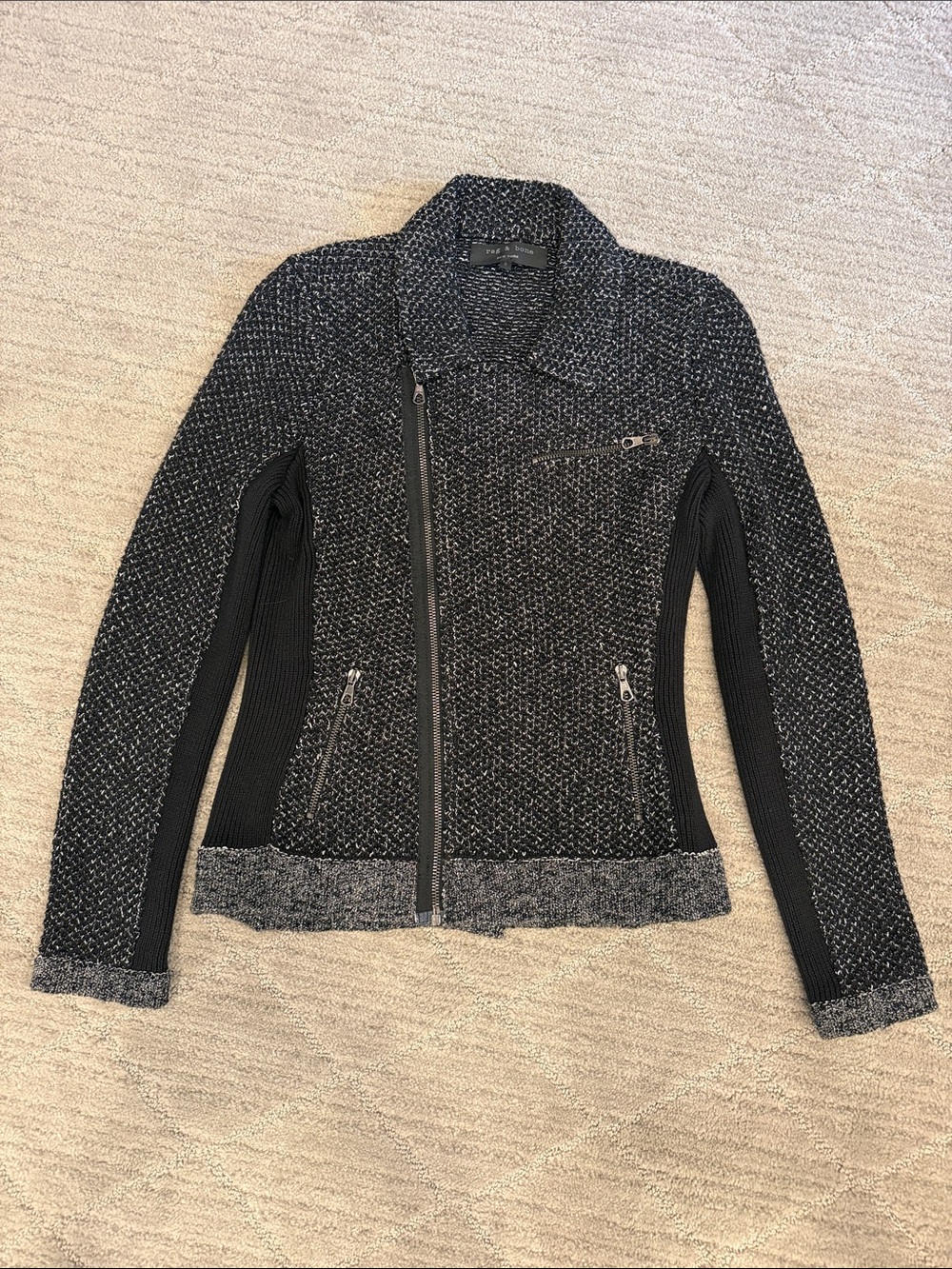 rag & bone Black and Gray Tweed Knit Zip Moto Jacket